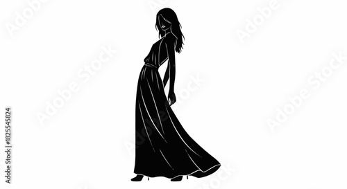 Elegant silhouette of a woman in a flowing dress, graceful pose.