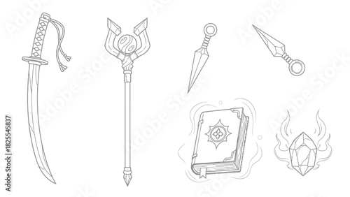 Unleash your creativity with this fantasy game asset set featuring a katana sword, magical staff, throwing knives, spellbook, and crystal power source
