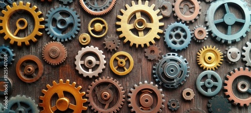 Wallpaper Mural assortment of metal gears and cogs on a wooden surface evoking vintage industrial curiosity and intricate craftsmanship Torontodigital.ca