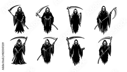 Grim reaper with scythe in black and white design
