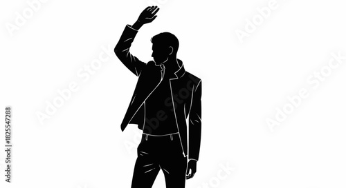 Stylish Man Silhouette with Raised Arm in Dynamic Pose.