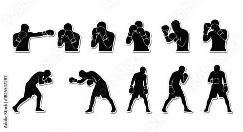 Dynamic Silhouettes of Boxers in Various Action Poses and Fighting Stances.