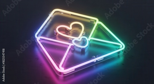 Glowing neon sign shaped like an open envelope featuring a heart element rests on a dark surface