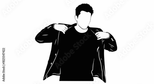 Faceless man in a black leather jacket and t-shirt illustration.
