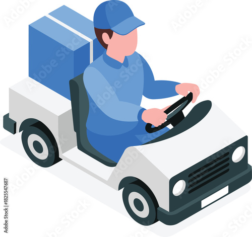 Isometric delivery driver driving small cargo vehicle with boxes, transportation service illustration, shipping worker driving cart, logistic distribution concept