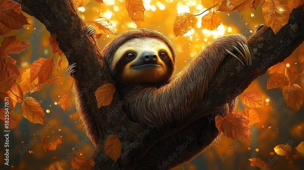 Obraz premium sleepy sloth draped across a forked tree branch amid golden autumn leaves and warm sunlit bokeh, peaceful and cozy mood