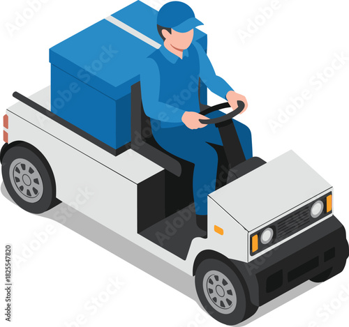 Isometric delivery driver driving small cargo vehicle with boxes, transportation service illustration, shipping worker driving cart, logistic distribution concept