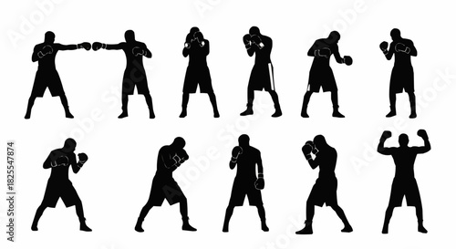 Boxers in action silhouettes showcasing various fighting poses and stances.