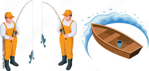 Isometric fishing illustration with fishermen catching fish using rods wooden boat water splash scene outdoor hobby activity in detailed modern style