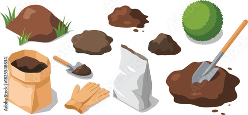 Isometric gardening soil tools illustration, garden equipment set with shovel, gloves, soil bags, dirt mounds, planting elements, landscaping vector design