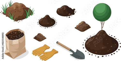 Isometric gardening soil tools illustration, garden equipment set with shovel, gloves, soil bags, dirt mounds, planting elements, landscaping vector design
