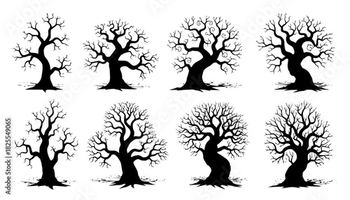 scary vector dead trees isolated on white. detailed crooked spooky leafless trees set.	