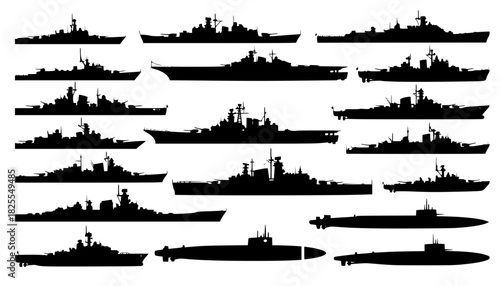 Warship navy silhouettes set, large pack of vector silhouette design, isolated white background.	