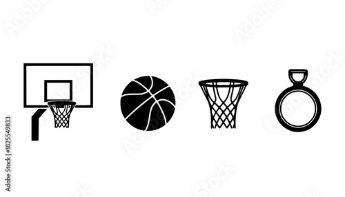 Basketball hoop, basketball and goal, net, ring icon silhouettes set	