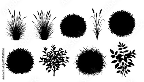 set of bush grass shrub herb silhouette vector transparent background	