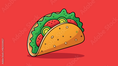 Delicious cartoon taco with fresh toppings on a vibrant red background