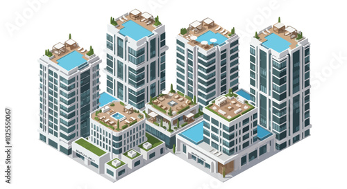A detailed 3D isometric view of a luxury city block with contemporary condominium towers and leisure areas on the roof