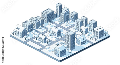 Isometric City Illustration A Detailed Blue Render of Urban Buildings, Streets, and Trees