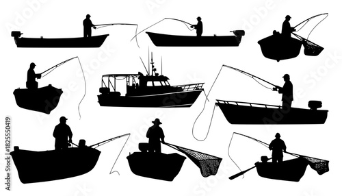 silhouette of a fisherman fishing on a boat vector art illustration isolated on transparent background.
