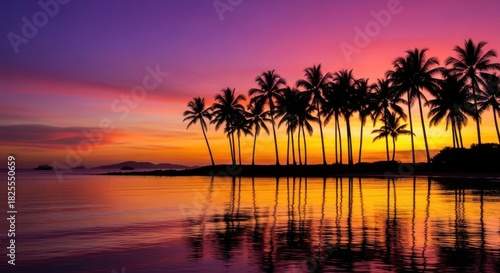 Vibrant tropical sunset over the ocean with a silhouette of palm trees lining the shore, casting reflections on the calm water