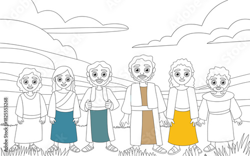 Cartoon Illustration of Jesus and His Disciples, Coloring Page for Children's Sunday School Activities and Religious Education Materials, Biblical Story