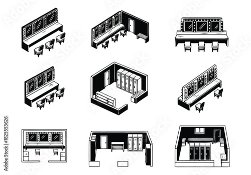 Illustration of Various Dressing Room and Vanity Setups for Performers Spa and Salon Spaces furniture icons interior design layout architecture