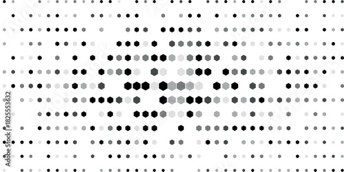 Abstract monochrome background with a grid of dots varying in size and shade, creating a central focus.