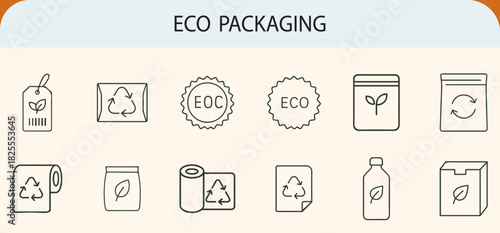 Eco packaging sustainable recycling biodegradable minimal line icons set