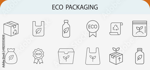 Eco packaging sustainable material biodegradable line icons set