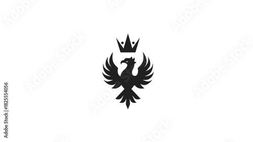 Regal black bird silhouette with spread wings and elegant crown icon. Majestic phoenix or eagle emblem design on white background.