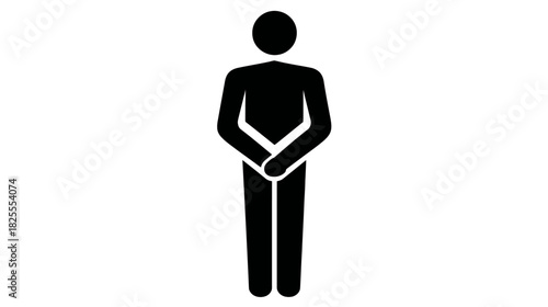 Generic black stick figure icon of a man standing with hands clasped, minimalist graphic illustration for user interface or pictogram.