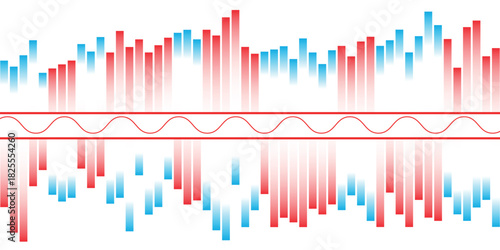Abstract visualization of fluctuating data with red and blue bars mirrored across a central sine wave.