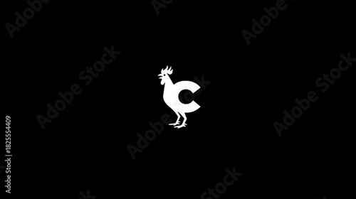 Stylized white rooster formed by the letter C on a black background. Minimalist graphic design, chicken icon, logo concept.