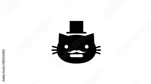 Cute Black Cat Head Icon with Moustache and Top Hat. Dapper Feline Gentleman Avatar. Vector Illustration
