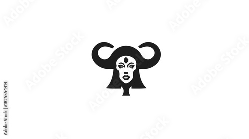 Stylized black silhouette of a mystical horned woman with a third eye, spiritual goddess or demoness icon, graphic vector art on white background