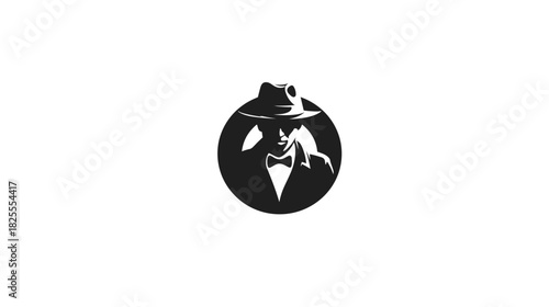 Mysterious animal character in fedora hat and bow tie silhouette, elegant vintage style detective icon. Retro vector illustration.