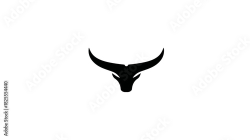 Powerful black bull head silhouette with prominent horns, minimalist abstract animal symbol design on white background