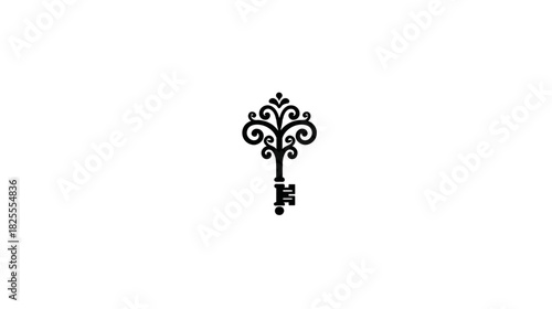 Ornate antique key with intricate Victorian-style scrollwork and elegant floral design isolated on a clean white background. Decorative graphic element.