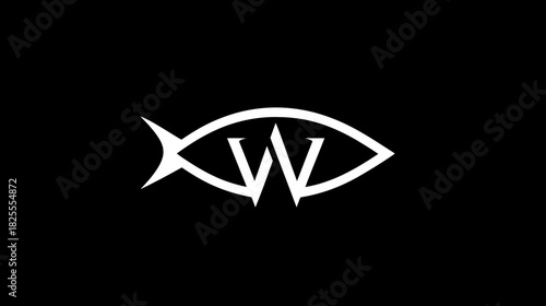 Elegant minimalist white fish symbol with integrated 'KW' letters on a clean black background, spiritual emblem.
