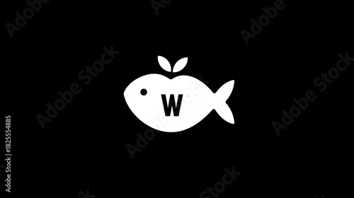 Stylized white fish illustration with apple leaf top and letter W inside on black. Minimalist icon design, flat graphic art, simple emblem.