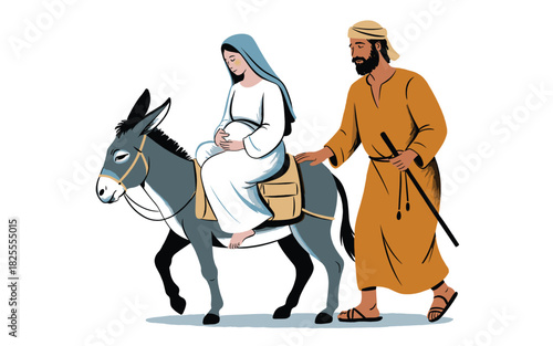 Nativity Story Illustration: Mary and Joseph's Journey to Bethlehem with Donkey, Perfect for Christmas Cards, Biblical Themes, and Holiday Illustrations; Vector Graphics Available