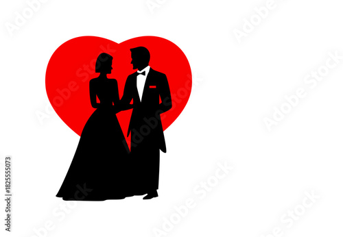 Wedding Couple Silhouette with Red Heart on White Background