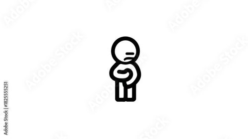 Simple cartoon stick figure icon depicting a person with a stomach ache, feeling sick or unwell, isolated on white.