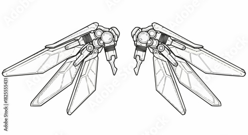 Detailed line art illustration of futuristic mechanical wings.