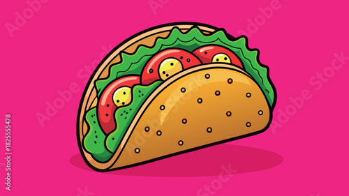 Delicious cartoon taco with fresh toppings on a vibrant red background