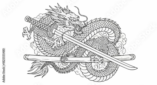 Intricate Dragon and Katana Sword Illustration.
