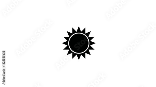 Minimalist black sun icon on white background, simple graphic design for weather, light, brightness, summer, or daylight concepts.