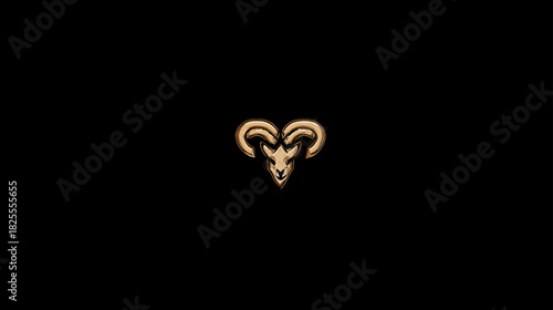 Stylized Golden Ram Head Icon on Black Background, Metallic Gold Animal Design with Horns, Graphic Element