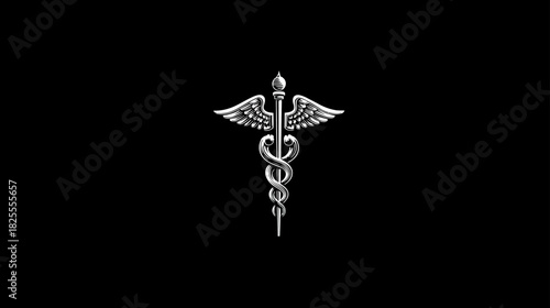 Shiny silver Caduceus symbol on black background, representing medicine, healthcare, and pharmacy. Metallic medical emblem.