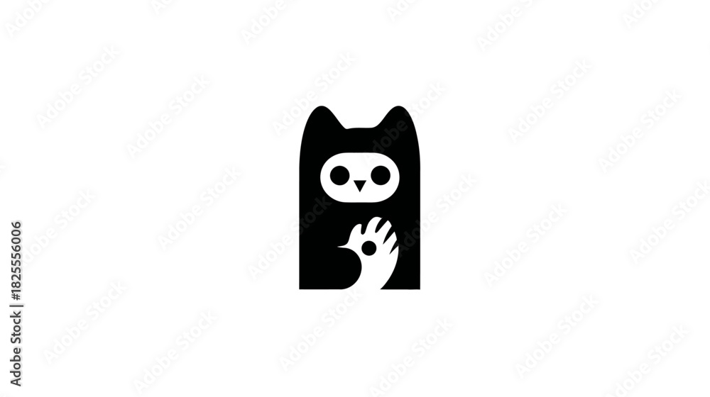 Fototapeta premium Minimalist black and white stylized owl creature with a human hand integrated, symbolizing connection, nature, and wisdom. Vector graphic design icon.
